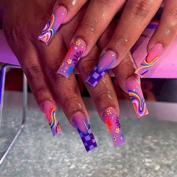 24pcs Glossy Purple Fake Nails with Cute Flower Checkerboard and Rainbow Swirl - Picture 1 of 6